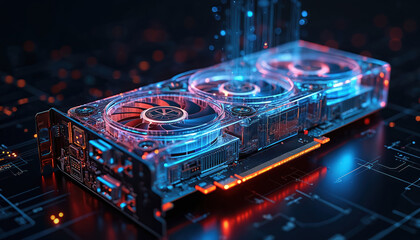 Transparent computer graphics card with glowing fans. Blue and red light illuminates circuitry and internal components. Futuristic tech visualizing data streams and computational power.