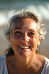 A candid close-up portrait of a cheerful older woman outdoors, her gray hair softly blown by the breeze, glowing skin and a bright smile that conveys warmth, happiness, and vitality.