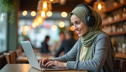 Young muslim woman wearing hijab and headphones works on laptop in cafe. She smiles and types on keyboard. Blurred background shows cafe interior lights and people. Casual remote work or study.