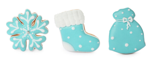 Christmas gingerbread cookies decorated with icing isolated on white, set