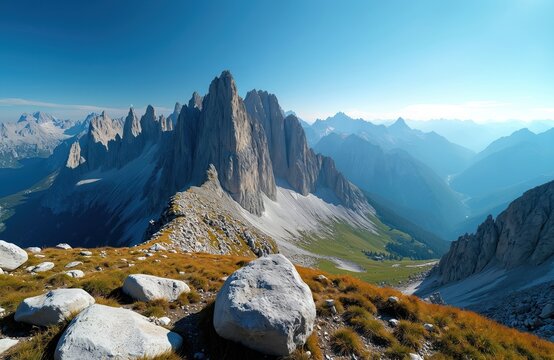 Jagged mountain peaks pierce blue sky. Rocky ridge offers vast valley view. Sunlit grassy slopes descend into distant misty haze. Nature landscape inspires outdoor adventure.