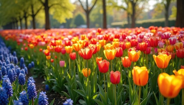 Photo of colorful tulip flower field in bloom at park. Garden with vibrant red yellow orange flowers. Springtime blossom landscape with rows of various tulips and blue flowers.