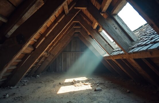 Old wooden attic space with roof beams exposed. Dust motes dance in sunbeams streaming through gaps in aged wooden structure. Empty garret interior shows dirt and debris on floor.