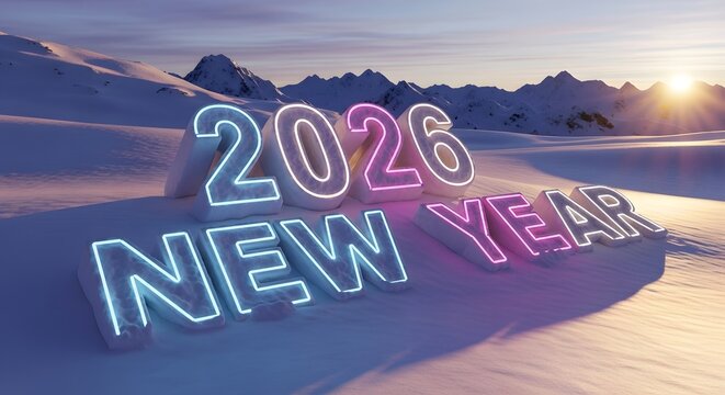 2026 new year neon text in snowy mountain landscape at sunrise