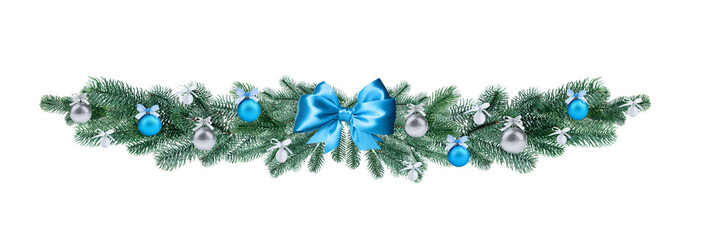 Christmas garland with fir tree branches and festive ornaments on white background