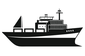 Obraz premium Black cargo ship illustration carrying containers across waters with a clear white background