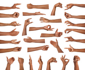 Hand gestures. African-american man showing arm on white background, closeup