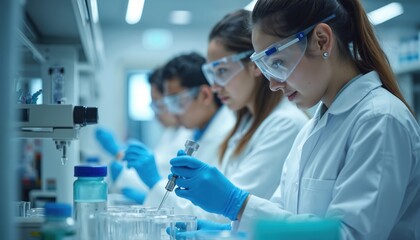 Team of scientists work in modern laboratory. Researchers wearing protection glasses, gloves. Scientists conduct experiment. Laboratory interior with research equipment. Biotechnology, medical tech