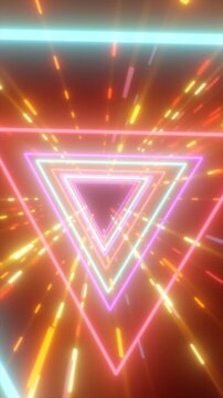 Glowing neon triangles forming an energetic tunnel with bright colorful motion streaks
