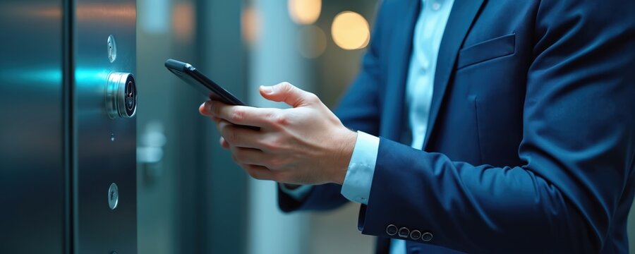 Business man in elegant blue suit unlocks elevator with smartphone. Modern tech integration for security and convenience in workplace. Smart building access system concept.