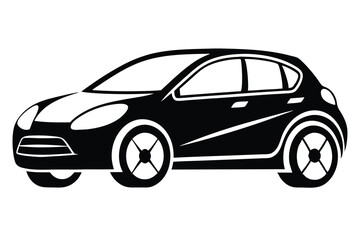 Black hatchback silhouette shows a modern car with smooth curves and simple wheel design