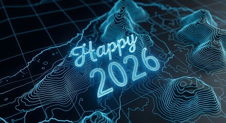 Happy 2026 neon text glowing on futuristic digital map terrain