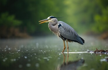 Obraz premium Grey heron stands in shallow water near shore. Bird has long beak open and yellow eyes. Rich green trees blur background. Nature scene shows wild avian hunting.