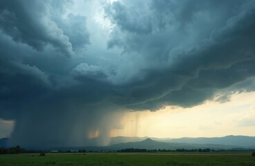 Obraz premium Dark stormy clouds loom over green fields and distant hills. Heavy rain shafts fall from sky onto the land. Dramatic weather changes over countryside.