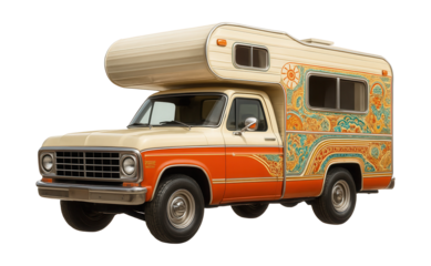 Retro camper truck featuring vintage graphics and chrome details.