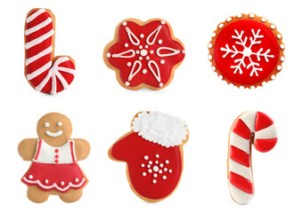 Christmas gingerbread cookies decorated with icing isolated on white, set