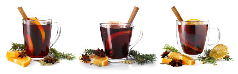 Mulled wine in glass cups isolated on white, top view