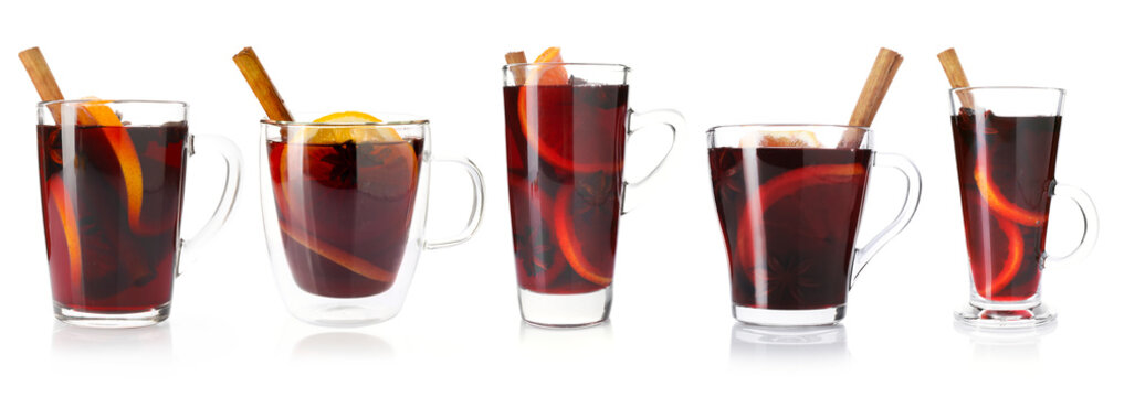 Mulled wine in glass cups isolated on white, top view - Powered by Adobe