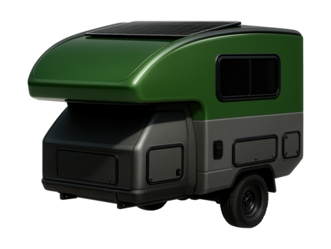 Compact hybrid truck camper featuring unique two-tone design and solar panel.