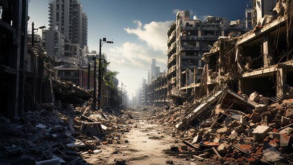 Urban ruins: weathered structures amidst sunlit debris and abandoned streets