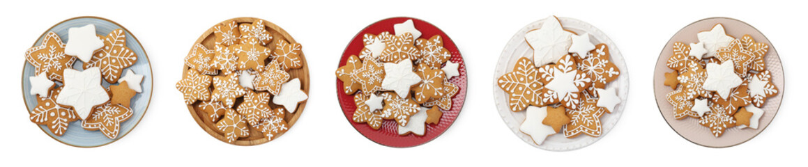 Christmas gingerbread cookies decorated with icing isolated on white, set