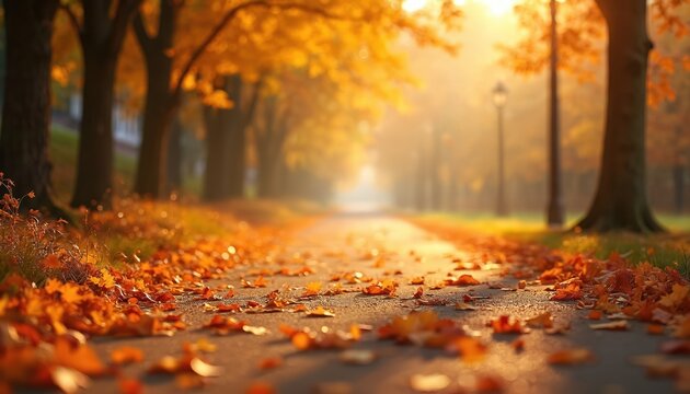 Golden autumn alley lined with trees covered in vibrant foliage. Fallen leaves carpet the path, illuminated by soft morning light creating a peaceful serene natural scene.