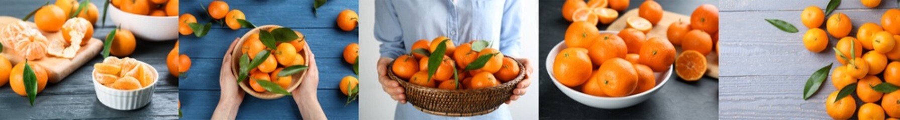 Collage with fresh tangerines, banner design. Citrus fruit