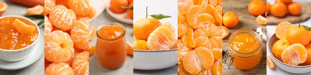 Collage with fresh tangerines, banner design. Citrus fruit