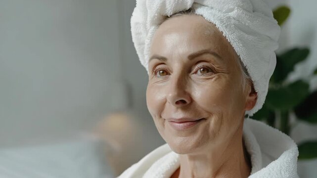 Close-up of an elderly woman with a radiant smile, wearing a luxurious white bathrobe and towel wrapped around her head.