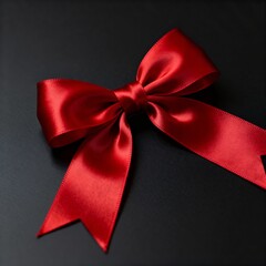 Close-up of a bright red satin ribbon bow on a dark background, showcasing luxury gift wrapping themes, Christmas decoration concepts, and festive designs for advertising and seasonal creatives.
