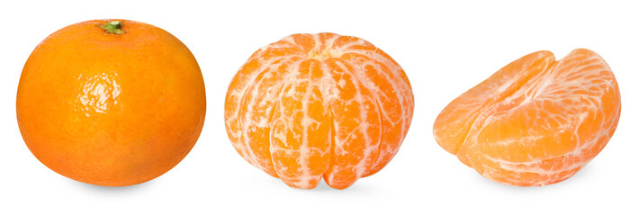 Fresh tangerines isolated on white, set. Citrus fruit