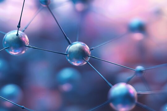 Abstract close-up of transparent spherical molecules connected by thin lines on a blurred blue and purple background.
