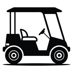 Black silhouette depicts a golf cart with visible seat and steering wheel on white
