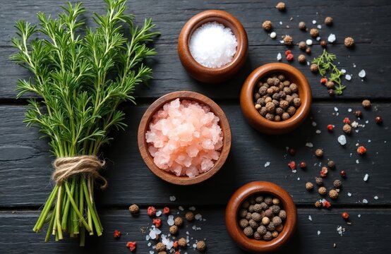 Fresh rosemary herb bunch with coarse sea salt, pink salt, and peppercorns in wooden bowls on dark wood table. Cooking ingredients for flavorful food preparation and gourmet recipes.