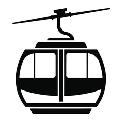 Black silhouette depicts a gondola with closed doors as it hangs from above on white