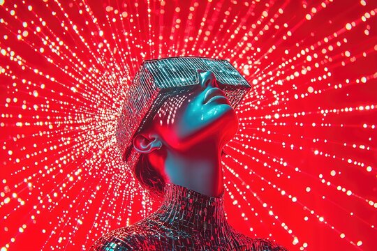 Futuristic portrait of a person wearing reflective visor glasses, surrounded by glowing red light patterns.