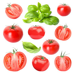 Fresh tomatoes and green basil leaves isolated on white, set