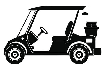 Black silhouette displays golf cart with steering wheel, seats and ball washer device