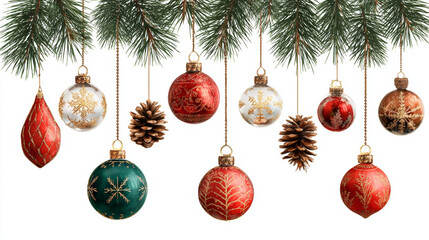 Christmas ornaments and pine decorations on a transparent background, ready for festive design use.
