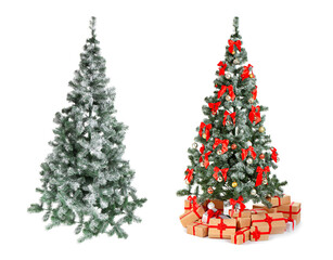 Christmas tree with festive ornaments and gift boxes. Decorating, collage on white background