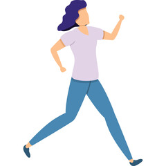 Illustration of a woman with purple hair wearing a light purple t-shirt and blue jeans running with a transparent background and no discernible background details