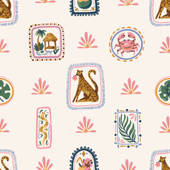 Square summer vector seamless pattern tropical animals palm leaves fruit crab hut beach