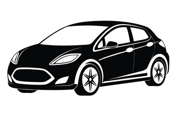 Black silhouette of a modern hatchback displays clean lines and striking rim details