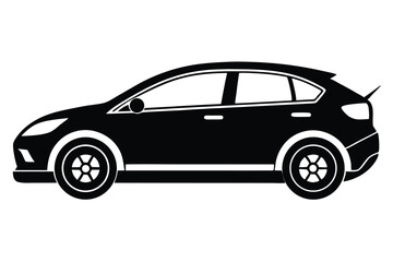 Black silhouette presents a modern hatchback car with aerodynamic lines and sporty wheels