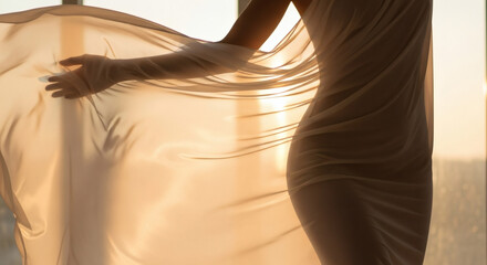 Silk drapes flowing in the wind, clinging to an unseen form, backlit by the morning sun, creating a luminous silhouette of sensual curves