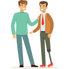 Two smiling men one with a prosthetic leg standing together in a friendly pose with one hand on the other's shoulder against a transparent background in a casual and professional setting