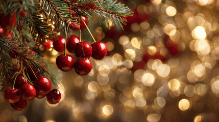 Magical Christmas and New Year background featuring a Christmas tree adorned with red cherry decorations and glowing gold lights.
