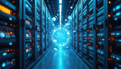 Futuristic digital network processing glowing data in server room. Information flow between computers in a data center. Connection of smart technology.