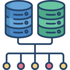 Two Stacked Cylinders Connected to Multiple Circles Representing Data Storage Servers And Network Connections