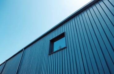 Modern building facade with blue corrugated metal siding under clear sunny sky. Low angle view of industrial architecture. Single window on wall of warehouse, factory or office business center.